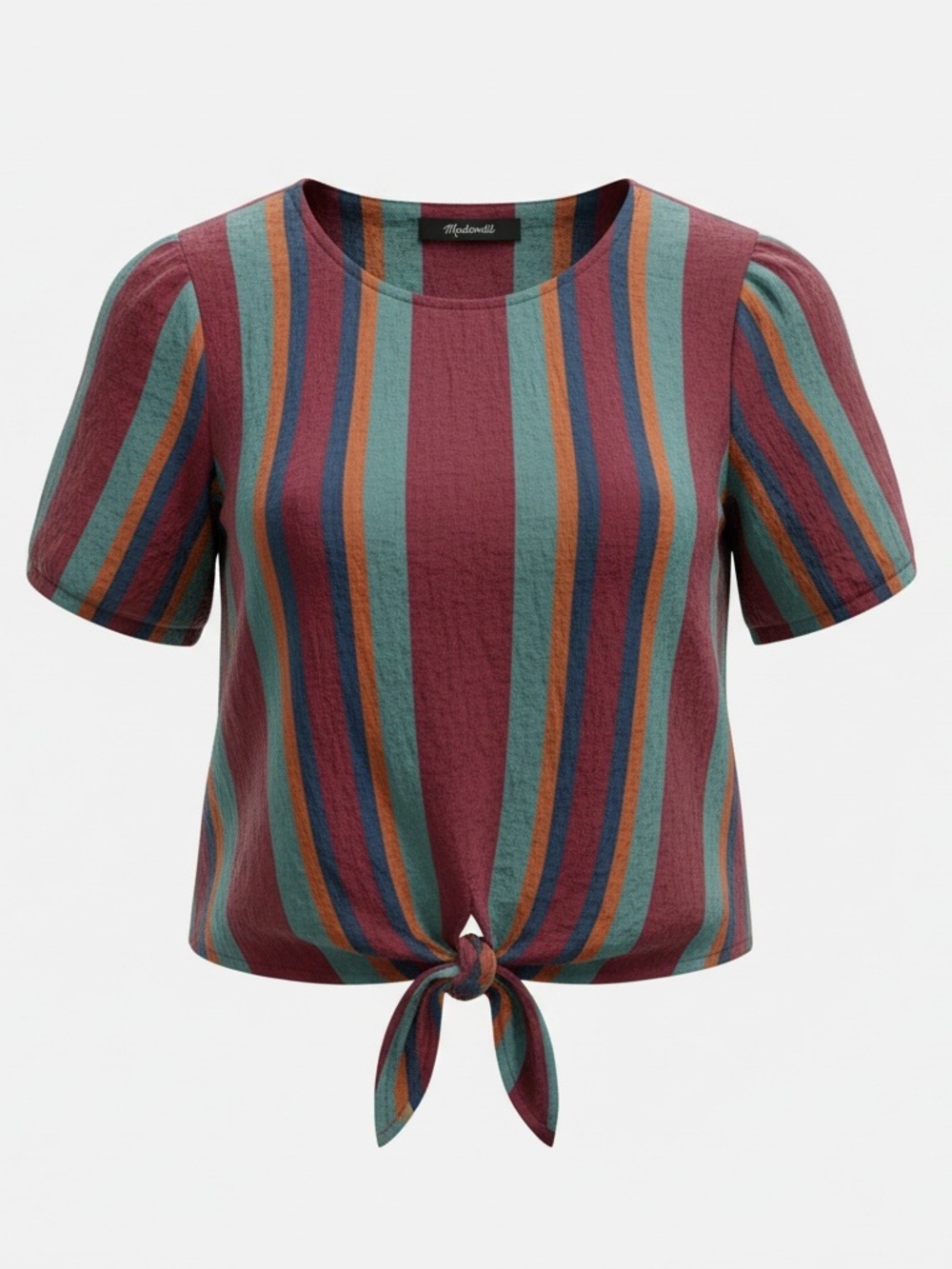 S Madewell Striped Tie Front Button Back Top XS Burgundy Blue Orange